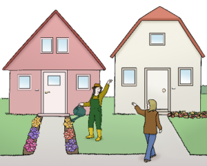 Zeichnung: Zwei Häuser stehen nebeneinander. Zwei Nachbarinnen winken sich über den Zaun zu.