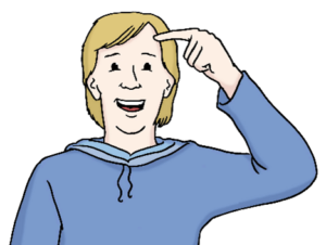 Zeichnung: Eine Person in einem blauen Pullover tippt sich mit dem Zeigefinger an die Stirn und lacht.