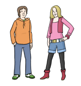 Zeichnung: Zwei Menschen stehen nebeneinander. Beide lächeln.