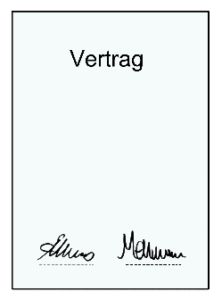 Zeichnung: Oben auf einem weißen Blatt-Papier steht "Vertrag". Unten auf dem Blatt stehen zwei Beispiel Überschriften.