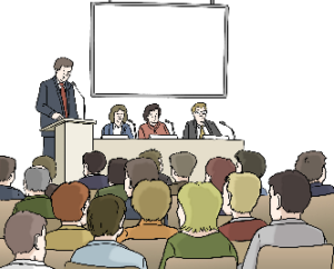 Zeichnung: Vier Personen sind auf einer Bühne und halten eine Präsentation. Ein Mann steht am Rednerpult. Im Publikum sitzen viele Menschen und hören dem Vortrag zu.