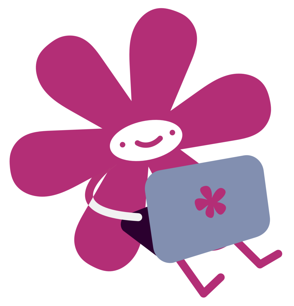 Zeichnung: Das Maskottchen sitzt am Computer und lächelt.