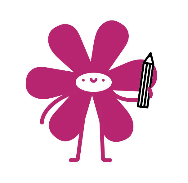 Zeichnung: Das Maskottchen lächelt und hält einen Stift.